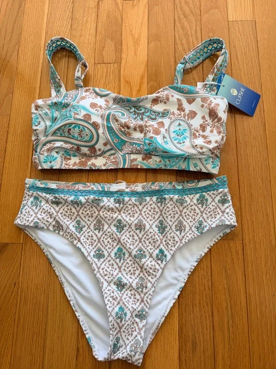 Cupshe Turquoise and Cream Paisley High-Waist Bikini - Picture 3 of 8